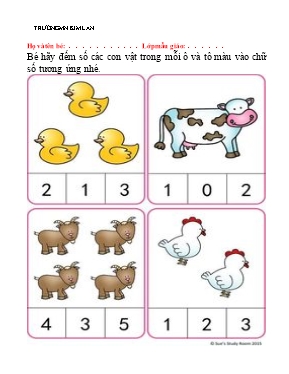 Giáo án mầm non lớp Mầm - Bài tập: Bé hãy đếm số các con vật trong mỗi ô và tô màu vào chữ số tương ứng