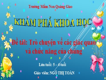 Bài giảng Mầm non Lớp Lá - Khám phá khoa học: Trò chuyện về các giác quan và chức năng của chúng - Ngô Thị Toàn