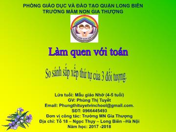 Bài giảng Mầm non Lớp Chồi - Làm quen với toán - So sánh sắp xếp thứ tự của 3 đối tượng - Năm học 2017-2018 - Phùng Thị Tuyết