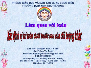 Bài giảng Mầm non Lớp Chồi - Làm quen với toán - Xác định vị trí trên dưới trước sau của đối tượng khác - Năm học 2017-2018 - Phùng Thị Tuyết