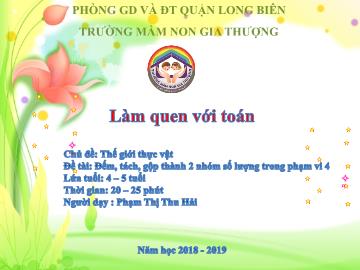 Bài giảng Mầm non Lớp Chồi - Chủ đề: Thế giới thực vật - Đề tài: Đếm, tách, gộp thành 2 nhóm số lượng trong phạm vi 4 - Năm học 2018-2019 - Phạm Thị Thu Hải