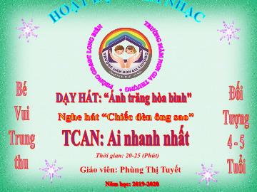 Bài giảng Mầm non Lớp Chồi - Dạy hát: Ánh trăng Hòa Bình. Nghe hát: Chiếc đèn ông sao. Trò chơi: Ai nhanh nhất - Năm học 2019-2020 - Phùng Thị Tuyết