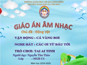 Bài giảng Mầm non Lớp Mầm - Chủ đề: Động vật - Vận động: Cá vàng bơi. Nghe hát: Các ơi từ đâu tới - Trò chơi: Tai ai tinh - Năm học 2019-2020 - Nguyễn Thu Thảo