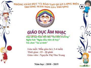 Bài giảng Mầm non Lớp Mầm - Dạy vỗ tay theo tiết tấu: Vui đến trường. Nghe hát: Ngày đầu tiên đi học. Trò chơi: Tai ai tinh - Năm học 2018-2019 - Nguyễn Thị Thu Trang