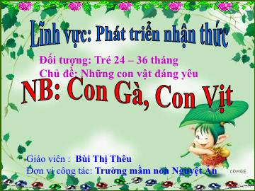 Bài giảng Mầm non Lớp Nhà trẻ - Chủ đề: Những con vật đáng yêu - Đề tài: Con gà, con vịt - Bùi Thị Thêu