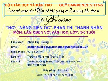 Bài giảng Mầm non Lớp Lá - Làm quen với văn học - Thơ “Nàng tiên ốc” - Phan Thị Hương