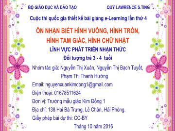 Bài giảng Mầm non Lớp Mầm - Lĩnh vực: Phát triển nhận thức - Ôn nhận biết hình vuông, hình tròn, hình tam giác, hình chữ nhật - Nguyễn Thị Xuân