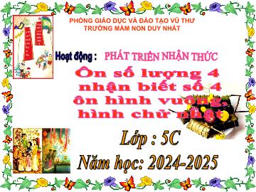 Bài giảng Mầm non Lớp Lá - Đề tài: Ôn số lượng 4 nhận biết số 4. Ôn hình vuông, hình chữ nhật - Năm học 2024-2025 - Trường Mầm non Duy Nhất