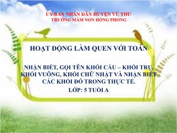 Bài giảng Mầm non Lớp Lá - Nhận biết, gọi tên Khối cầu – Khối trụ, Khối vuông, Khối chữ nhật và nhận biết các khối đó trong thực tế - Trường Mầm non Hồng Phong