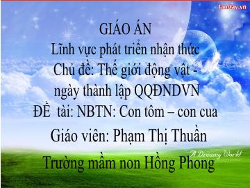 Bài giảng Mầm non Lớp Nhà trẻ - Chủ đề: Thế giới động vật. Đề tài: Con Tôm. Con Cua - Phạm Thị Thuần