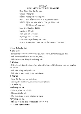 Giáo án Mầm non Lớp Chồi - Chủ đề: Động vật. Đề tài: Những con vật đáng yêu - NDKH: Nghe hát “Gọi Trâu” - Năm học 2019-2020 - Nguyễn Thị Thu Thủy