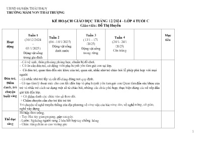 Kế hoạch giáo dục Tháng 1 Lớp Chồi - Tuần 1 đến 4 - Năm học 2024-2025 - Đỗ Thị Huyến