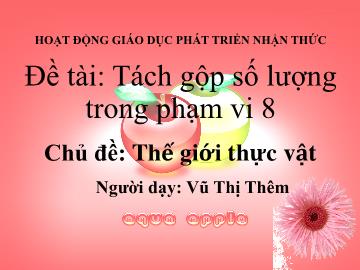 Bài giảng Mầm non Lớp Chồi - Chủ đề: Thế giới thực vật - Đề tài: Tách gộp số lượng trong phạm vi 8 - Vũ Thị Thêm