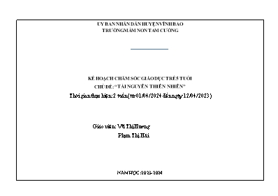 Giáo án Mầm non Lớp Lá - Chủ đề: Tài nguyên thiên nhiên - Năm học 2023-2024 - Vũ Thị Hương