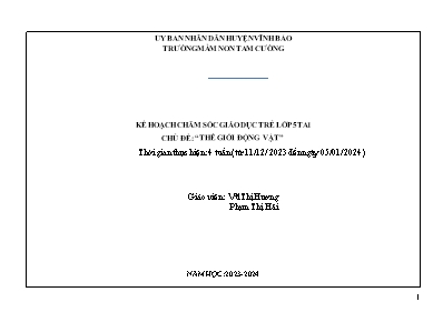 Giáo án Mầm non Lớp Lá - Chủ đề: Thế giới động vật - Năm học 2023-2024 - Vũ Thị Hương