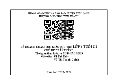 Kế hoạch bài dạy Lớp Chồi - Chủ đề: Bản thân - Năm học 2023-2024 (Vũ Thị Thúy + Vũ Thị Thanh Chính)