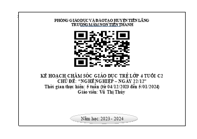 Kế hoạch bài dạy Lớp Chồi - Chủ đề: Nghề nghiệp và Ngày 22/12 - Năm học 2023-2024 (Vũ Thị Thúy)
