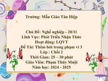 Bài giảng Mầm non Lớp Chồi - Chủ đề: Nghề nghiệp. 20/11 - Đề tài: Thêm bớt trong phạm vi 3 - Năm học 2024-2025 - Phạm Thúy Muội
