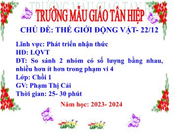 Bài giảng Mầm non Lớp Chồi - Chủ đề: Thế giới động vật. 22/12 - Đề tài: So sánh 2 nhóm có số lượng bằng nhau, nhiều hơn ít hơn trong phạm vi 4 - Năm học 2023-2024 - Phạm Thị Cải
