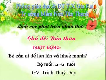 Bài giảng Mầm non Lớp Lá - Chủ đề: Bản thân - Đề tài: Hoạt động Bé cần gì để lớn lên và khỏe mạnh - Trịnh Thúy Duy