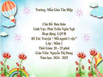 Bài giảng Mầm non Lớp Mầm - Chủ đề: Bản thân - Đề tài: Truyện Mỗi người 1 việc - Năm học 2024-2025 - Nguyễn Thị Dung