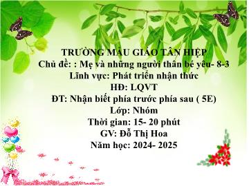 Bài giảng Mầm non Lớp Nhà trẻ - Chủ đề: Mẹ và những người thân bé yêu. 8/3 - Đề tài: Nhận biết phía trước, phía sau - Năm học 2024-2025 - Đỗ Thị Hoa