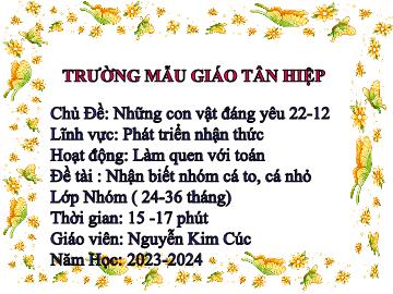 Bài giảng Mầm non Lớp Nhà trẻ - Chủ đề: Những con vật đáng yêu. 22-12 - Đề tài: Nhận biết nhóm cá to, cá nhỏ - Năm học 2023-2024 - Nguyễn Kim Cúc