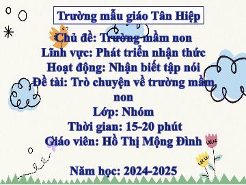 Bài giảng Mầm non Lớp Nhà trẻ - Chủ đề: Trường Mầm non - Đề tài: Trò chuyện về trường mầm non - Năm học 2024-2025 - Hồ Thị Mộng Đình