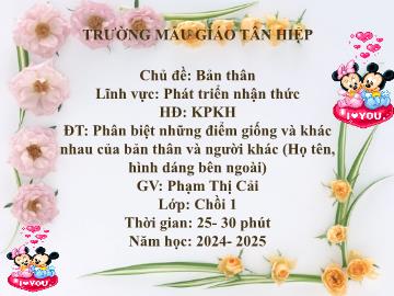 Bài giảng Mầm non Lớp Chồi - Chủ đề: Bản thân - Đề tài: Phân biệt những điểm giống và khác nhau của bản thân và người khác (Họ tên, hình dáng bên ngoài) - Năm học 2024-2025 - Phạm Thị Cải