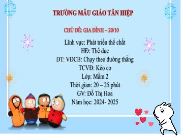 Bài giảng Mầm non Lớp Mầm - Đề tài: Vận động cơ bản Chaỵ theo đường thẳng. Trò chơi vận động Kéo co - Năm học 2024-2025 - Đỗ Thị Hoa