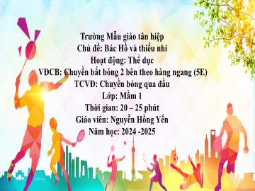 Bài giảng Mầm non Lớp Mầm - Đề tài: Vận động cơ bản Chuyền bắt bóng 2 bên theo hàng ngang. Trò chơi vận động Chuyền bóng qua đầu - Năm học 2024-2025 - Nguyễn Hồng Yến