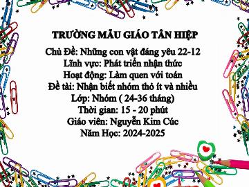 Bài giảng Mầm non Lớp Nhà trẻ - Chủ đề: Những con vật đánh yêu. 22/12 - Đề tài: Nhận biết nhóm thỏ ít và nhiều - Năm học 2024-2025 - Nguyễn Kim Cúc
