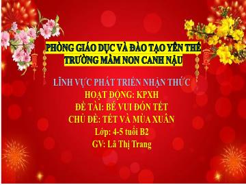 Bài giảng Mầm non Lớp Chồi - Chủ đề: Tết và mùa xuân - Đề tài: Bé vui đón Tết - Lã Thị Trang