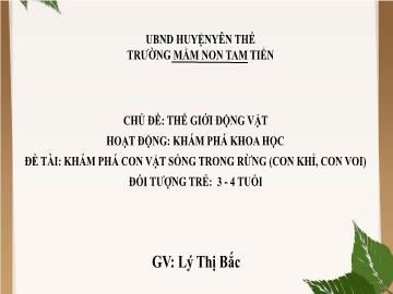 Bài giảng Mầm non Lớp Mầm - Chủ đề: Thế giới động vật - Đề tài: Khám phá con vật sống trong rừng (Con khỉ, con voi) - Lý Thị Bắc