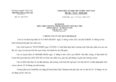 Kế hoạch thực hiện chương trình giáo dục trẻ em Nhóm trẻ 25-36 tháng tuổi - Năm học 2022-2023