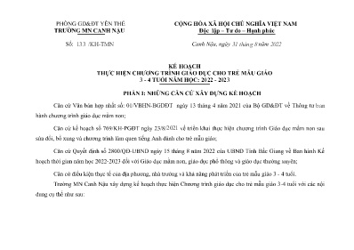 Kế hoạch thực hiện chương trình giáo dục trẻ mẫu giáo 3-4 tuổi - Năm học 2022-2023